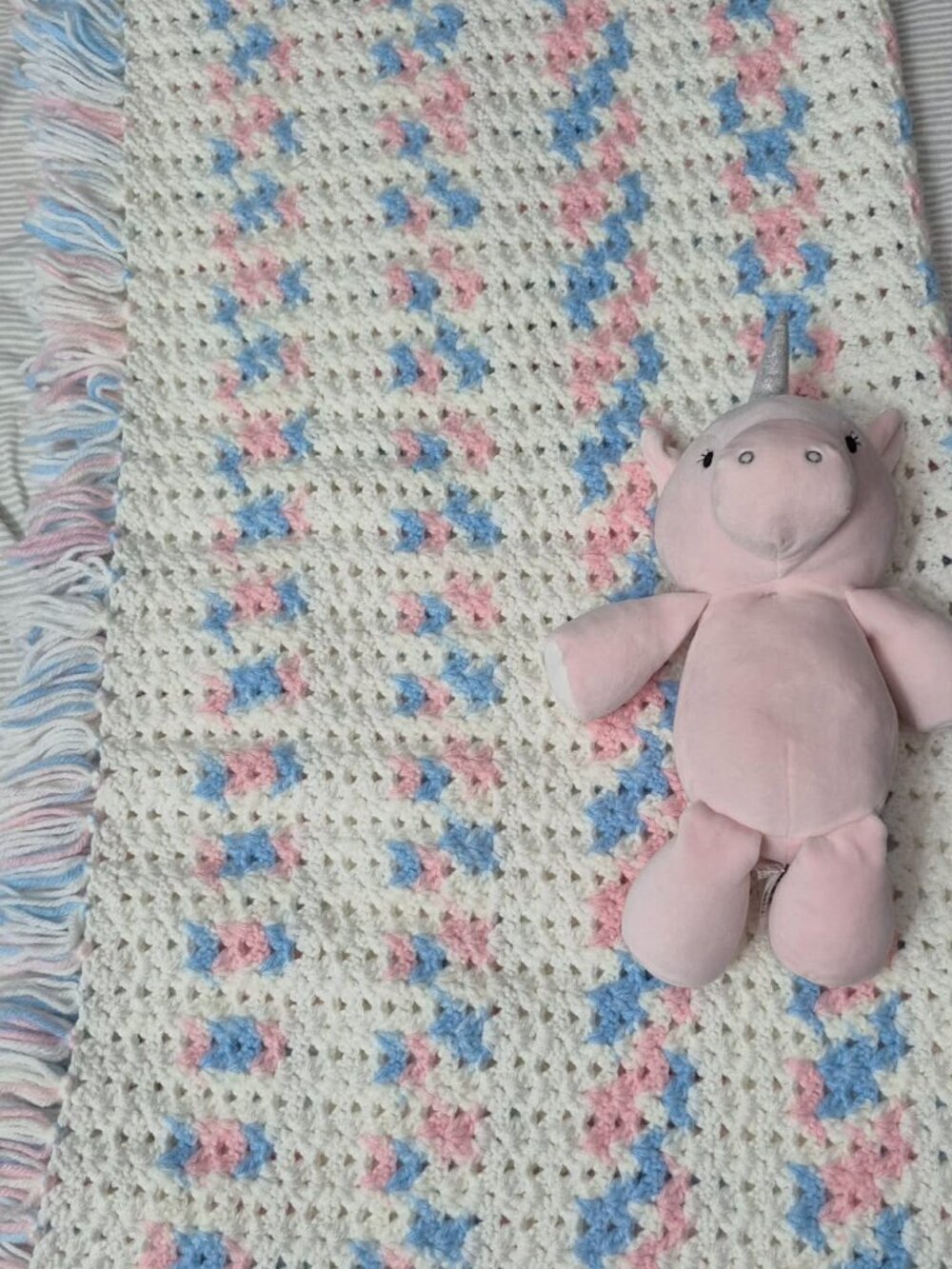 Handmade Baby Blanket or Throw in White, Pink, Blue and Ivory